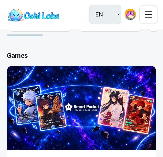 A screenshot of the 'Oshi Labs' website showing a 'Games' section with a banner for 'Smart Pocket TRADING CARD GAME' featuring Jujutsu Kaisen and Yu Yu Hakusho cards against a cosmic background.