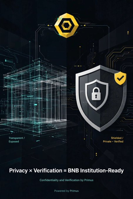 A digital marketing graphic for Binance with the text 'Privacy × Verification = BNB Institution-Ready, Powered by Primus', showing circuit patterns and security shield imagery.