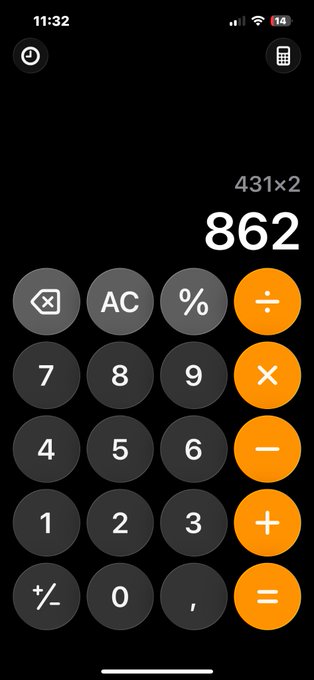 The image shows a calculator app with a black background, displaying the numbers 431x2 and 862 on its screen. The calculator has buttons for addition, subtraction, multiplication, and division.