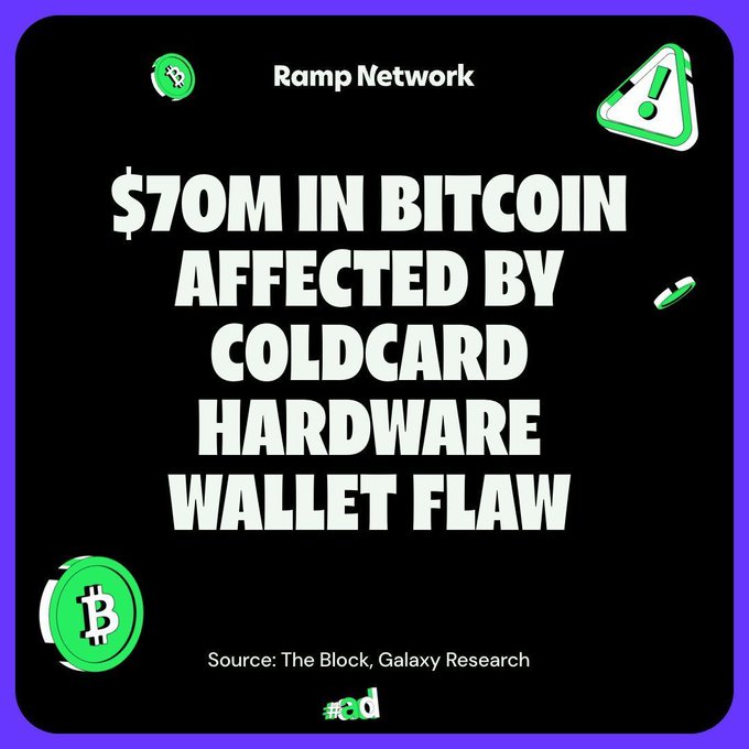 A graphic by Ramp Network stating '$70M IN BITCOIN AFFECTED BY COLDCARD HARDWARE WALLET FLAW', sourced from The Block and Galaxy Research, featuring bitcoin and warning icon illustrations.