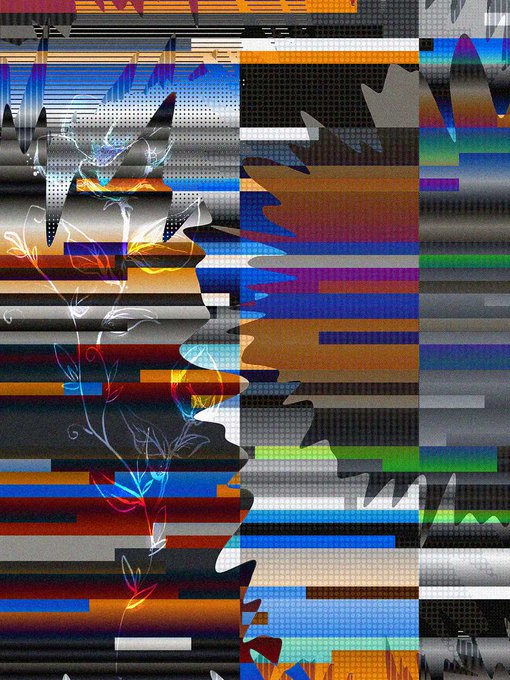 An abstract digital artwork featuring horizontal bands of color, halftone dot patterns, and chaotic glitch effects layered with thin floral line drawings.