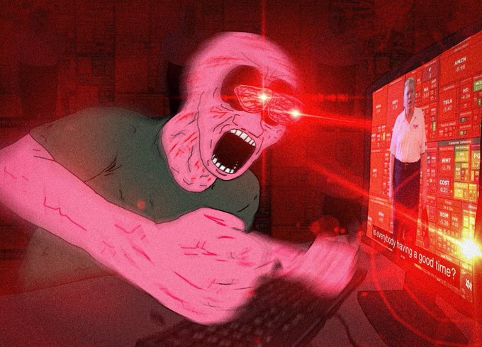 An illustrated/animated scene of an enraged person with glowing red eyes screaming while typing aggressively at a keyboard, illuminated by red light from a monitor displaying financial/cryptocurrency data with the text 'Is everybody having a good time?'
