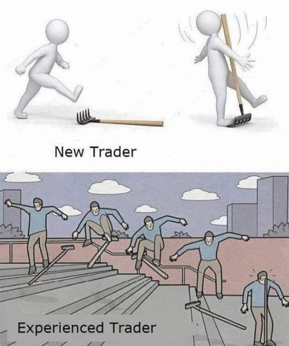 The image is a two-panel meme comparing "New Trader" and "Experienced Trader." In the top panel, a 3D figure awkwardly struggles with a rake, depicting a novice trader tripping over a basic tool, while the bottom panel shows an experienced trader skillfully grinding rails and performing tricks with the same rake, illustrating how seasoned traders turn simple tools into impressive maneuvers.