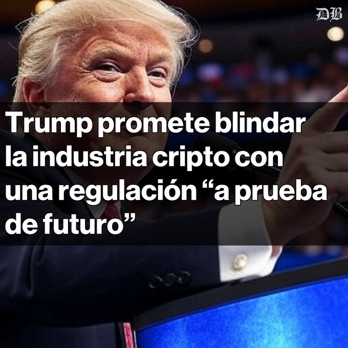 The image features a man wearing a suit and tie, standing at a podium with his hand raised as if he's giving a speech or making a gesture. The text in the image reads "Trump promete regulación" which translates to "Trump promotes regulation". This phrase is accompanied by an image of Trump's face, further emphasizing the context of the post. The caption also mentions that Trump has been criticized for his actions and policies, specifically regarding the SEC.