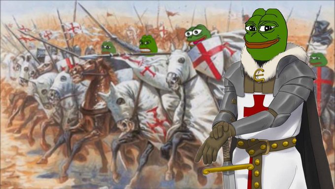 A meme image combining Pepe the Frog characters dressed as medieval knights/crusaders with horses and red cross shields in a battle scene background.