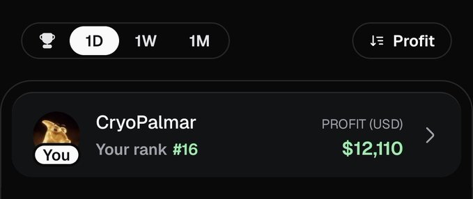 A screenshot of a Pump.fun daily profit leaderboard shows “CryoPalmar” ranked #16 with “PROFIT (USD)” of $12,110, alongside 1D, 1W, and 1M filters. This supports the post’s claim that the trader is nearing the top 10 on the daily leaderboard.