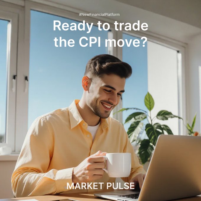 A smiling young man in a yellow shirt enjoys a drink while working on his laptop in a bright, sunlit home setting with a plant in the background. The image features the text "#NewFinancialPlatform," "Ready to trade the CPI move?" and "MARKET PULSE," reinforcing the post's message about preparing for short-term trading opportunities around the CPI release.