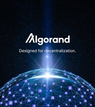 A promotional graphic featuring the Algorand logo and tagline "Designed for decentralization" set against a starry backdrop with a glowing networked globe, visually reinforcing the post's highlight of Algorand expanding its decentralized validator network past 1,550 nodes.