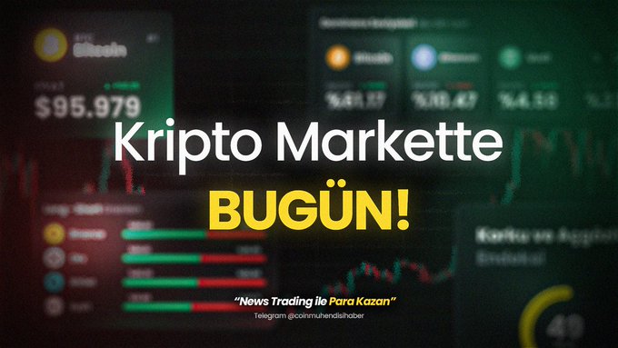 A promotional graphic titled "Kripto Markette BUGÜN!" (Crypto Market Today!) featuring a dark green cryptocurrency trading dashboard background displaying Bitcoin at $95,979 along with other coin prices and chart data. The image promotes a Telegram channel (@coinmuhendishaber) with the tagline "News Trading ile Para Kazan" (Earn Money with News Trading), connecting to the post about Coin Engineer's top daily crypto and market developments.