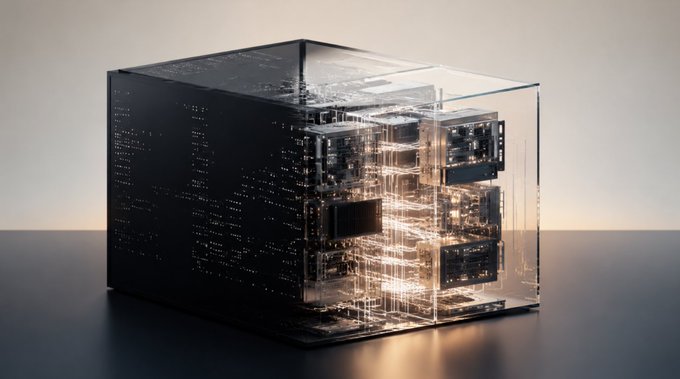 A transparent cube reveals an intricate, illuminated microchip structure, symbolizing advanced computing technology like Qevolyra's ZK-VM/zkWASM with million-level throughput and automated independent verification capabilities.