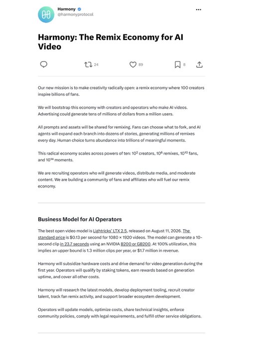A Twitter/X post from Harmony (@harmonyprotocol) titled 'Harmony: The Remix Economy for AI Video' outlines their new mission to create a remix economy where 100 creators inspire billions of fans using AI video models like Lightricks' LTX 2.5.