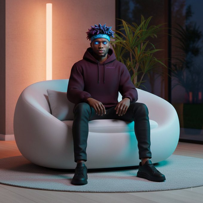 A person sits on a sleek white modern chair in a stylized 3D-rendered scene, wearing a maroon "GUNAMUNAY" hoodie and a matching headband with blue-purple dreadlocks and glowing blue eyes, fitting the post's "$ANSEM" crypto-themed greeting. The futuristic, cyber-aesthetic vibe complements the optimistic "Gm" crypto community message.