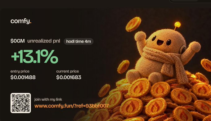 A promotional card for “comfy.” shows “$0GM unrealized pnl,” “hodl time 4m,” “+13.1%,” entry price “$0.001488,” current price “$0.001683,” and a QR code with the link “www.comfy.fun/?ref=93bbf007.”