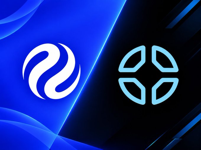 Graphic featuring two cryptocurrency logos on a split blue background: a stylized white symbol on the left and a blue geometric emblem on the right.