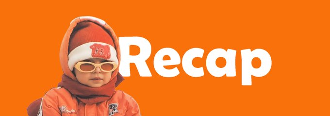 An image featuring a child bundled in winter clothing with goggles next to the word "Recap" on a bright orange background.
