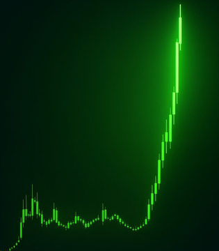A financial chart showing a sharp upward spike in green candlesticks against a dark background.