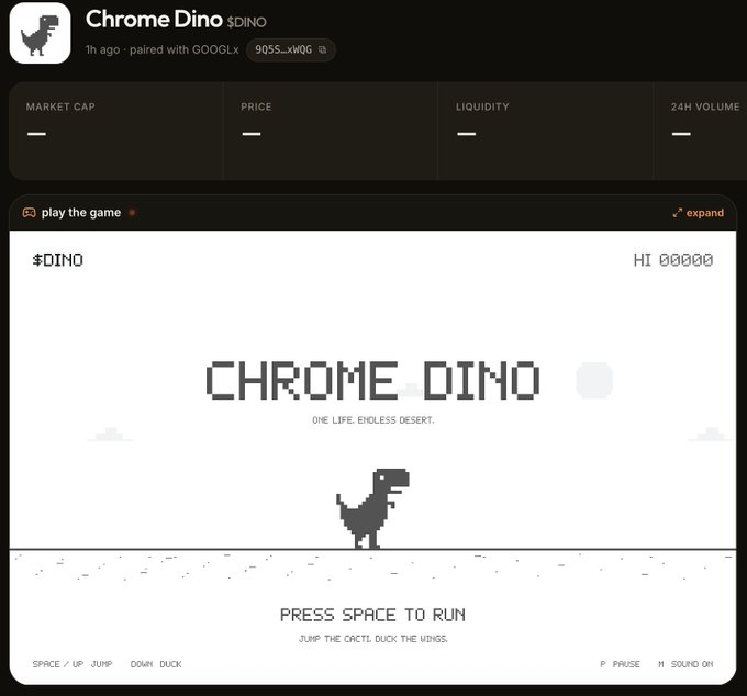 A crypto tracker page shows 'Chrome Dino $DINO' paired with 'GOOOLx', featuring an embedded version of the Chrome Dino game with instructions to 'PRESS SPACE TO RUN'.