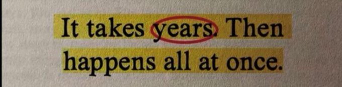 A printed quote highlighted in yellow reads, "It takes years. Then happens all at once," with the word "years" circled in red, suggesting a slow build-up leading to a sudden breakthrough or payoff—fitting for the post's reference to "$GRAM," implying a long-awaited moment is finally arriving for the ticker.