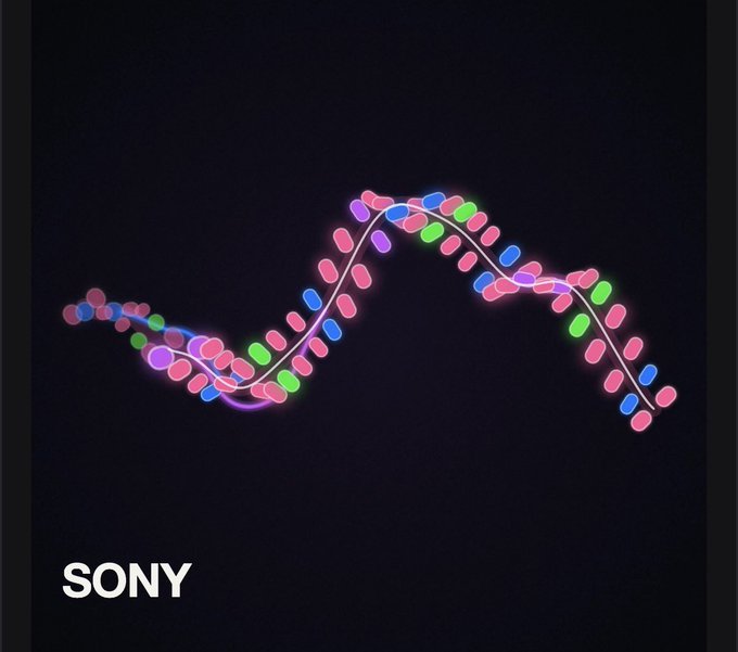 The SONY logo displayed on a dark background with a decorative wave design made of colorful blue, pink, green, and purple dots connected by glowing lines.