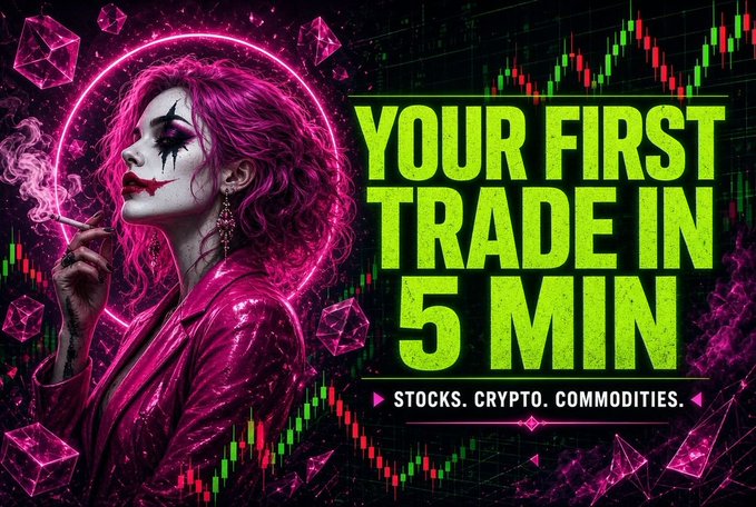 A neon-styled trading advertisement features a woman with a clown-like face smoking, set against a backdrop of stock charts, with text reading 'YOUR FIRST TRADE IN 5 MIN' and 'STOCKS. CRYPTO. COMMODITIES.'