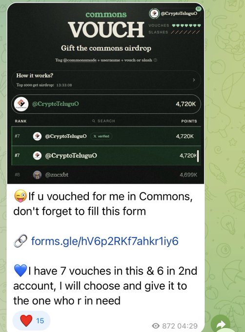 A Telegram post about a 'commons VOUCH' airdrop from @CryptoTeluguO, mentioning a Google form link and stating 'I have 7 vouches in this & 6 in 2nd account, I will choose and give it to the one who r in need'.