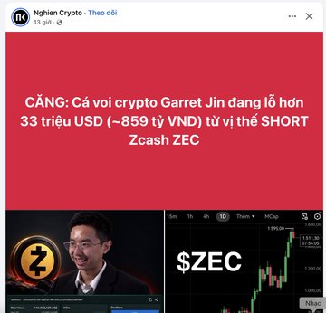 A Facebook post by 'Nghiện Crypto' features a headline in Vietnamese: 'CẢNH BÁO: Cá voi crypto Garret Jin đang lỗ hơn 33 triệu USD (~859 tỷ VND) từ vị thế SHORT Zcash ZEC', accompanied by images of a man and a '$ZEC' price chart.