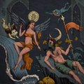 Two angels interact with creatures in a dark, mystical scene reminiscent of classical religious art. The image accompanies a post celebrating a 6th-edition Fisherman's Mint artwork by mason_matak_art, with the 6xtz pricing likely linked to this ornate, mythological artwork.