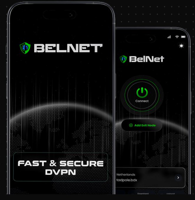 BelNet DVPN app promotional image showing two phone mockups with 'Fast & Secure DVPN' branding and a Connect button featuring Netherlands exit node.