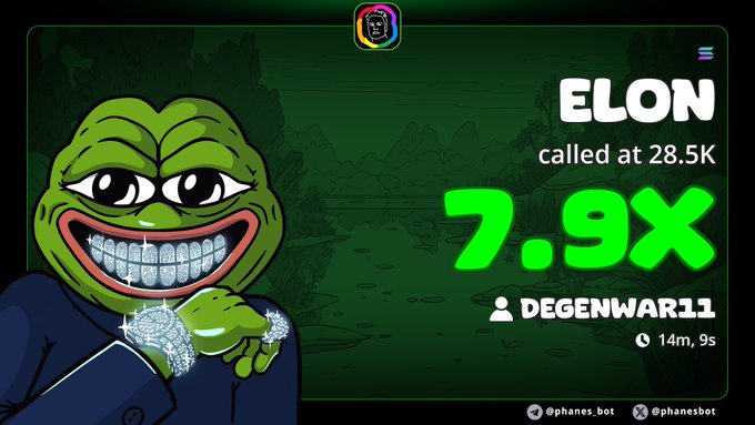 In this image, there's a cartoon character of a frog wearing a suit with a gold chain necklace, standing against a green background. The frog has large, googly eyes and appears to be smiling as he holds up his hands. In the corner of the image, there is text that reads "Elon called at 28.5K Degenwarr11 1:14m". This likely provides some context about the content or creator of this cartoon character and may offer further details related to the post it appears to be a part of. The frog's attire and facial expression make him seem to be in a lighthearted or entertaining mood, which could be appealing to viewers looking for amusing content on social media platforms.