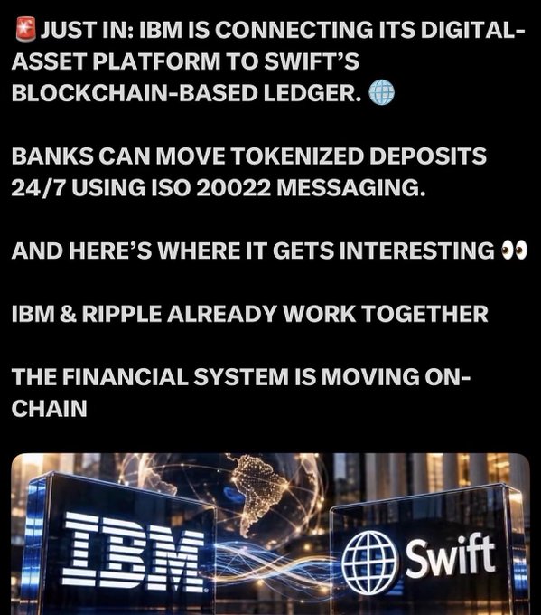 A news graphic announcing that IBM is connecting its digital-asset platform to SWIFT's blockchain-based ledger, noting banks can move tokenized deposits 24/7 using ISO 20022 messaging and mentioning that IBM and Ripple already work together.