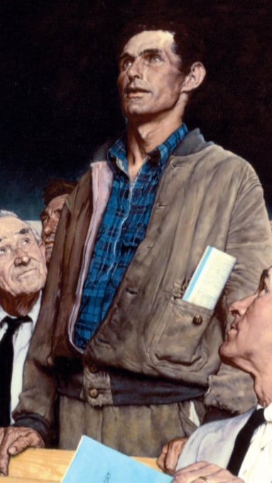 A painted portrait depicts a man in a tan jacket over a blue plaid shirt standing in a crowd, looking upward.