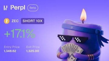 A 'Perpl' trading app interface showing ZEC with a SHORT 10X position, displaying a +17.1% gain, entry price of 1,348.62 and exit price of 1,325.00.