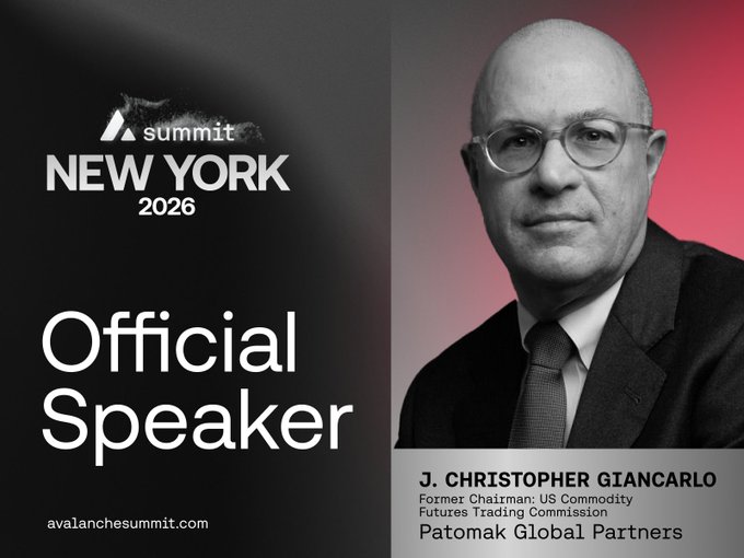 A promotional graphic for Avalanche Summit New York 2026 (Sept. 16-17, avalanchesummit.com) announces "Official Speaker" J. Christopher Giancarlo, Former Chairman of the US Commodity Futures Trading Commission and founder of Patomak Global Partners, pictured in a suit and glasses against a red-toned background. The image directly supports the post by visually confirming the speaker's appearance at the upcoming NYC conference focused on onchain finance and Avalanche for business.