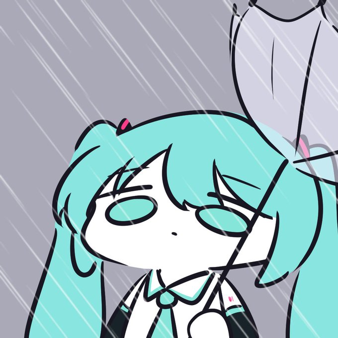A chibi-style digital illustration of a turquoise-haired character with blank, expressionless eyes standing in the rain.