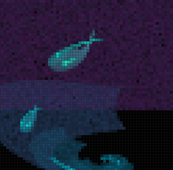 A pixel art landscape featuring a dark purple sky with a glowing teal comet or object above a blue terrain.