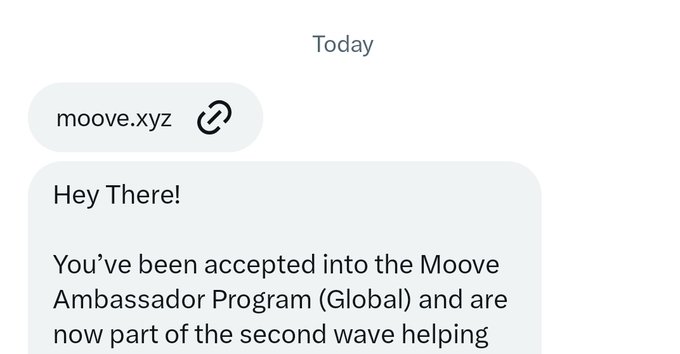 A screenshot of a WhatsApp message conversation between two people. The person writing the message,moovexz, has been accepted into the Moove Ambassador Program Global (and are now part of the second wave helping). Another person on the phone is responding with a greeting and a message expressing their excitement to hear from Moovexz.