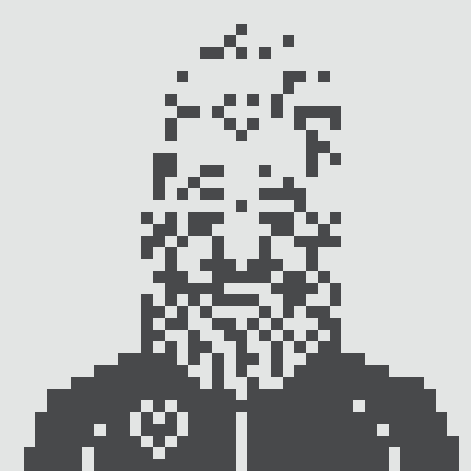 A pixel-art style monochrome portrait depicting a hooded figure with a skull-like face, rendered in dark navy squares against a white background.
