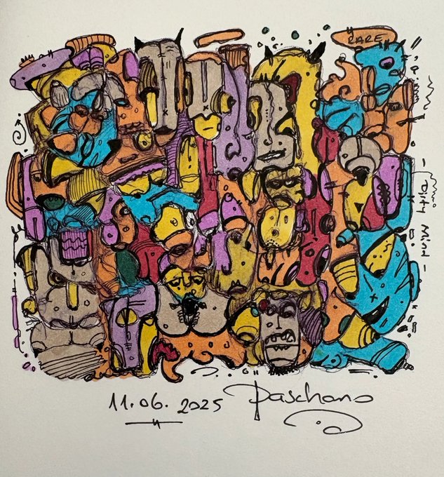 A vibrant, densely packed hand-drawn doodle features numerous colorful cartoon faces, creatures, and abstract shapes, signed with 'Daschano' and dated '11.06.2025' at the bottom.