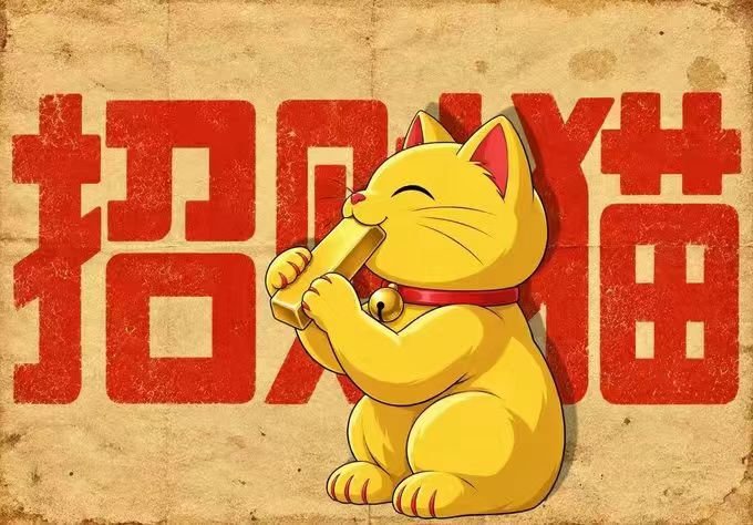 Illustration of a smiling yellow maneki-neko (lucky cat) holding a koban coin, set against red Japanese characters on a textured vintage background.