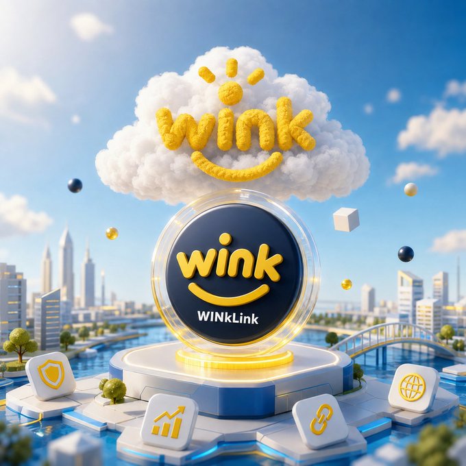 A stylized 3D illustration features a fluffy white cloud with a yellow "wink" smiley face hovering above a glowing circular platform displaying the "wink WINkLink" logo, set against a futuristic cityscape with bridges and floating geometric icons. The image visually reinforces the post's message about WINkLink acting as a reliable cloud-based oracle delivering essential market data to TRON DeFi applications, symbolizing its role as a clear, elevated source of information amid fast-moving markets.