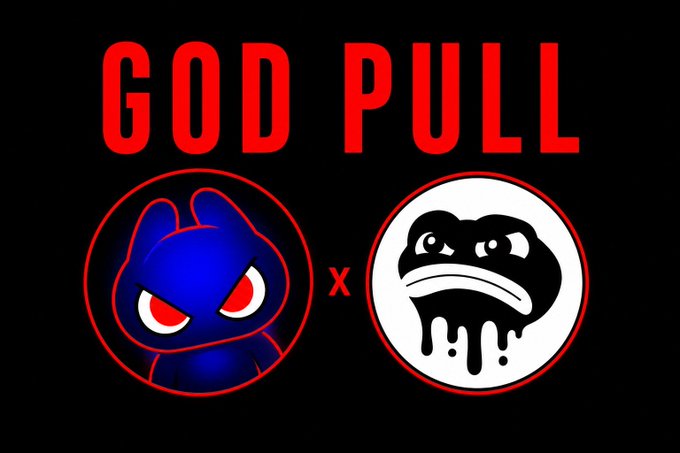 Bold red "GOD PULL" text appears above two circular character logos—a blue ninja-like figure and a black-and-white melting frog—separated by a red "x," promoting the upcoming "God Pull" NFT mint collaboration between the two projects.