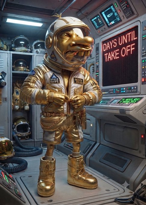 A golden statue of a cartoonish figure in an astronaut suit stands in a spaceship interior, with a digital sign reading "DAYS UNTIL TAKE OFF" and patches labeled "SPACE HYPE" and "NEEDY".