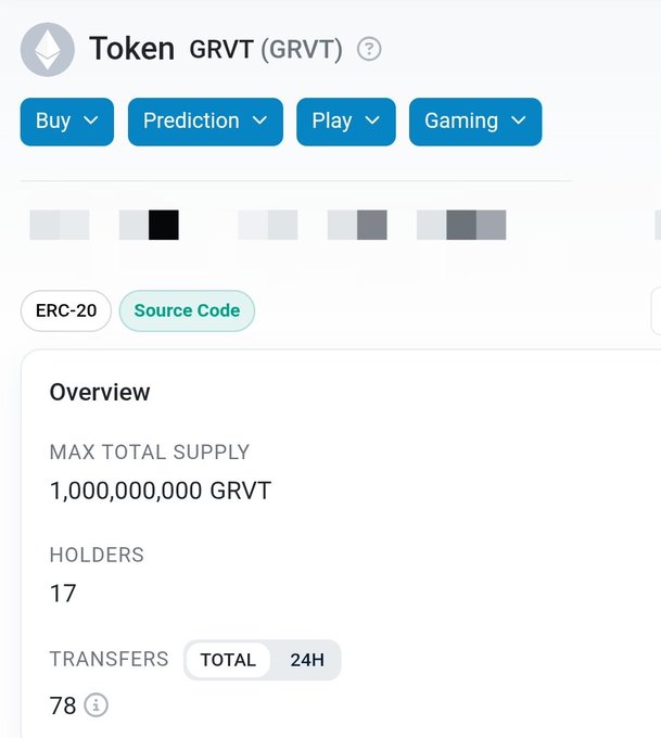 Cryptocurrency token information page for 'GRVT' showing an ERC-20 token with a max total supply of 1,000,000,000 GRVT and 17 holders.