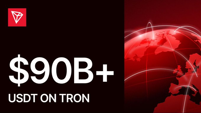 The image highlights that USDT's circulating supply on the TRON blockchain has surpassed $90 billion, with the TRON logo present. This visually represents the significant milestone mentioned in the accompanying post.