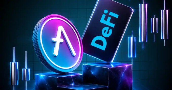 A neon-lit 3D render shows a glowing Aave coin alongside a phone screen displaying "DeFi," with candlestick chart elements in the background, visually reinforcing the post's comparison of USDC and EURC deposit rates on the Aave lending protocol versus traditional banking.