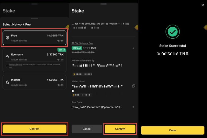 A three-panel mobile screenshot shows a staking transaction process: selecting a network fee (Free option at 11.0358 TRX/$3.55), confirming the stake details, and a "Stake Successful" confirmation screen with a green checkmark. The image illustrates the practical TRON staking workflow within a DeFi platform like JustLend DAO, complementing the post's discussion of portfolio tracking and risk diversification strategies for participating in the $4.5M rewards campaign.