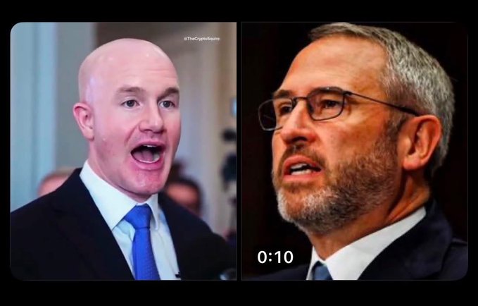 A side-by-side image of two men, with the left showing a bald man in a dark suit and blue tie appearing to speak, and the right showing a bearded man with glasses speaking, overlaid with a "0:10" countdown timer and the hashtag "#TheCryptoSquare" at the top — visually framing the post's message about Ripple and Coinbase preparing for regulatory clarity under the CLARITY Act.