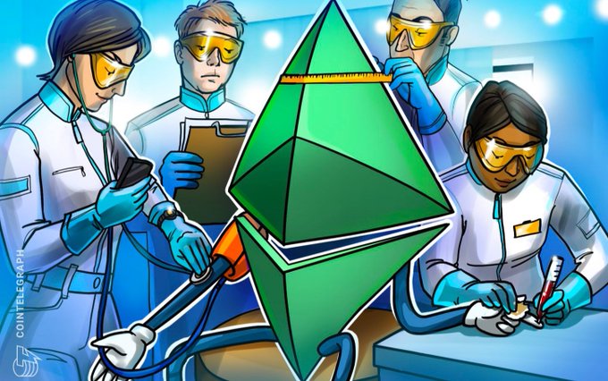 A Cointelegraph cartoon illustration depicting scientists in lab coats and goggles examining and measuring a large Ethereum (ETH) logo.
