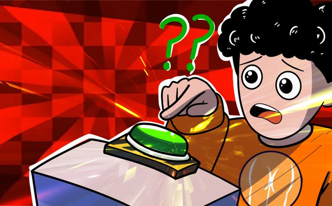 A cartoon illustration shows a wide-eyed character in an orange shirt hesitating with his finger hovering over a glowing green button on a yellow pedestal, with large green question marks above his head against a red checkered background. The image visually represents the dilemma of whether to engage with the $Buttcoin memecoin, complementing the post's claim that, unlike the majority of copycat memecoins, this token has genuine historical roots dating back to 2011.