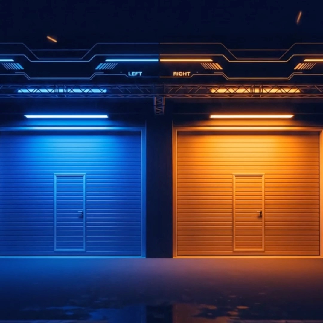 A futuristic, cyberpunk-style digital artwork displaying two garage doors side by side, one illuminated in blue labeled 'LEFT' and the other in orange labeled 'RIGHT'.
